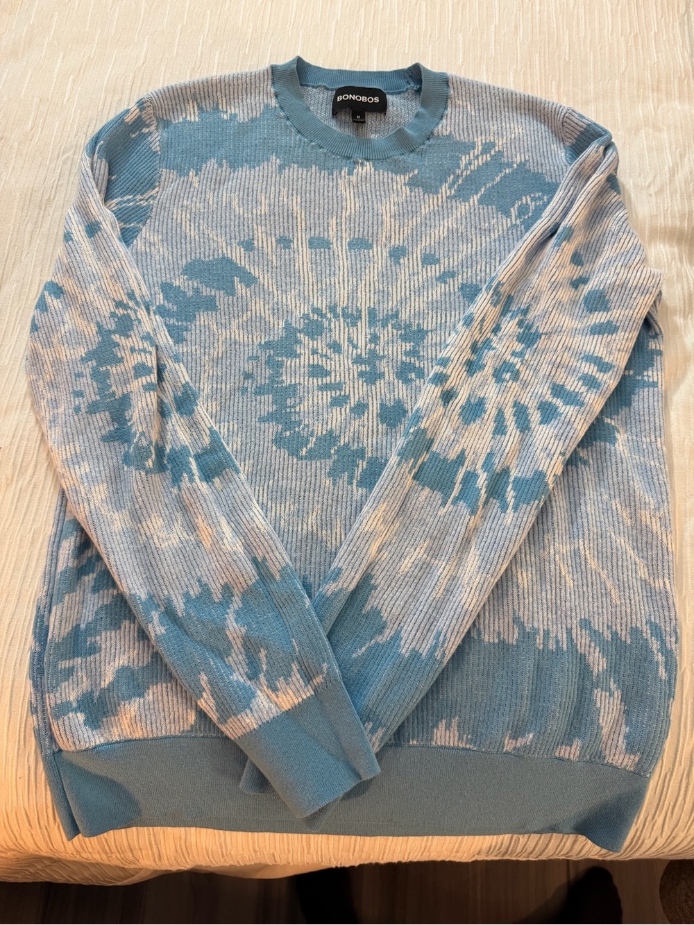 Bonobos Blue and Cream Tie-Dye Ribbed Crewneck Sweater